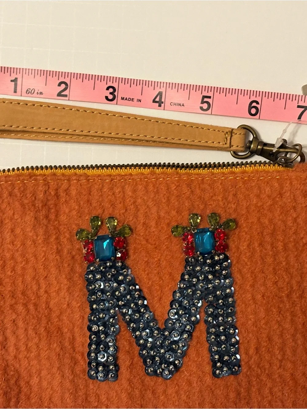 BNWT Anthropologie Orange Beaded 'M' Wristlet Clutch